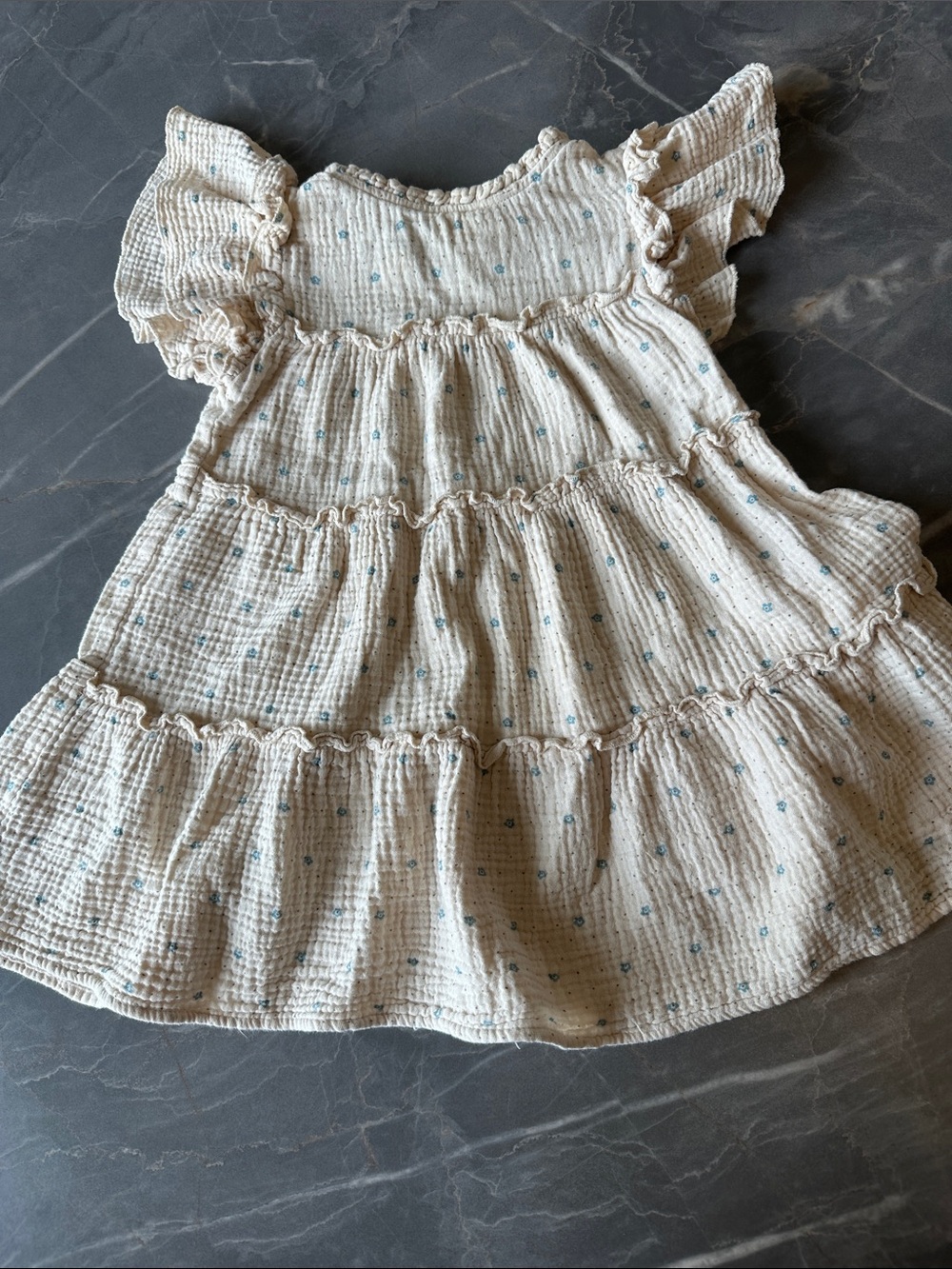 Girls Cream Tiered Ruffle Dress with Blue Dot Print